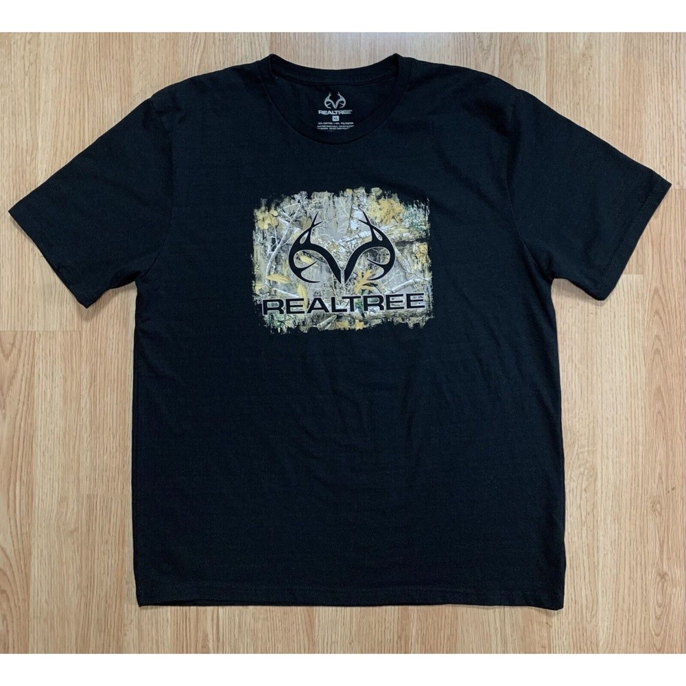 XL Real Tree Antlers And Leaves Logo Black Short Sleeve Tee Camo  EUC